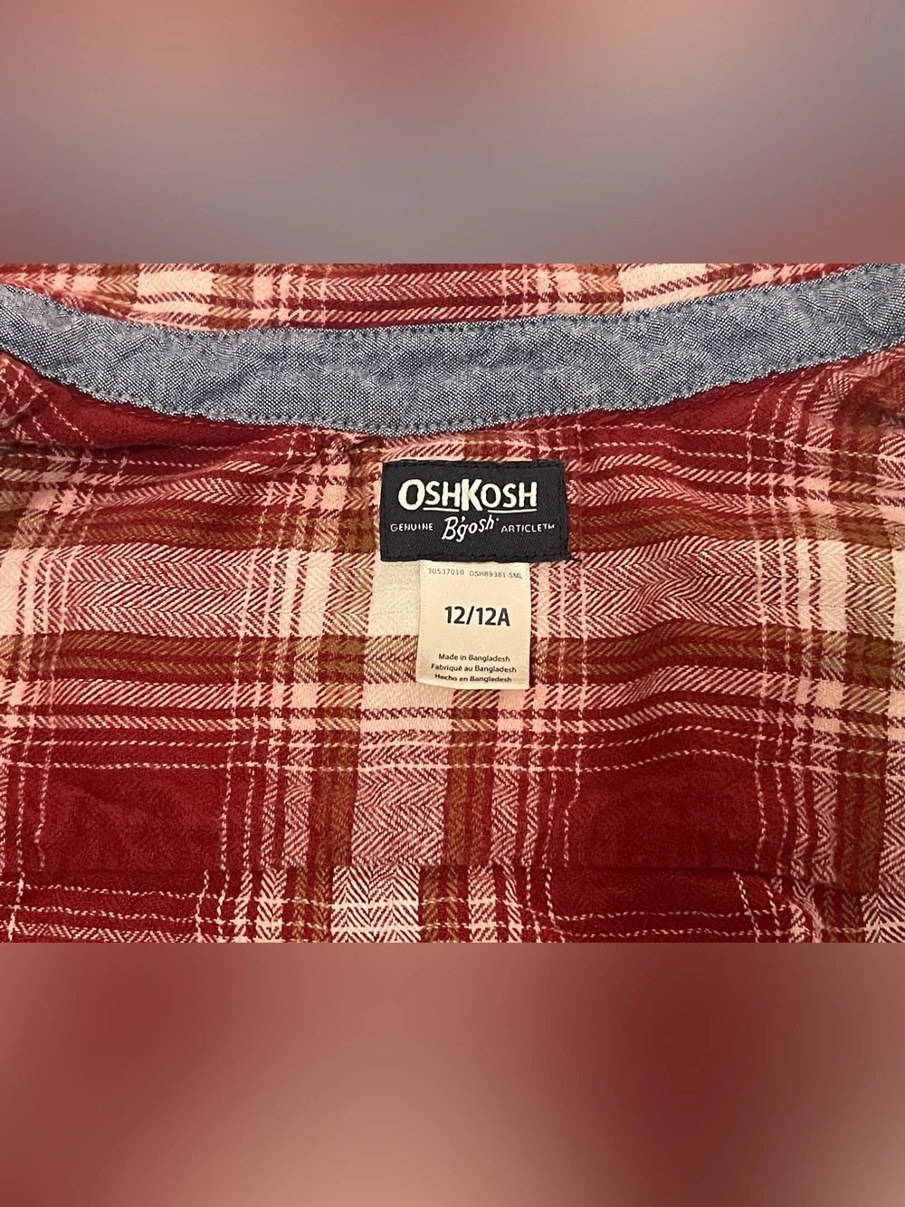 OshKosh B'gosh 100% COTTON plaid flannel button up shirt boys size 12